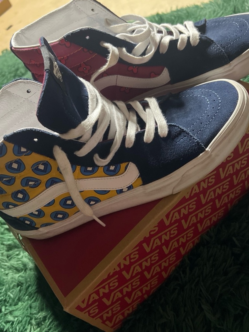 Vans High-Top Sneakers in Navy, Yellow & Pink Pattern